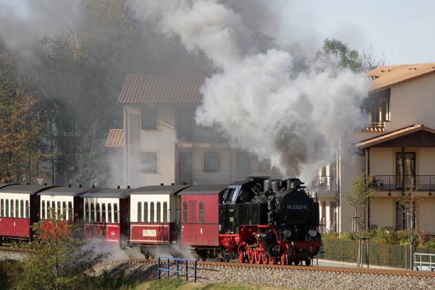 Mecklenburgische Bäderbahn Molli - der Zug mit der Dampflok 99 2323-6 vor der in Kühlungsborn-Ost beim Anstieg nach Kühlungsborn-Fulgen