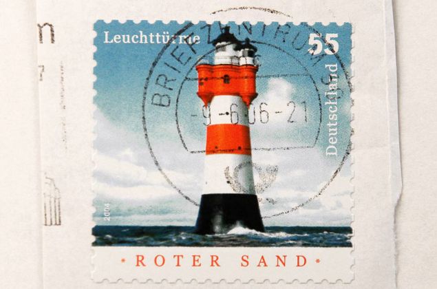 Leuchtturm Roter Sand, Höhe 52,5 Meter, Baujahre 1880 bis1885  - Briefmarke aus der Serie 'Leuchttürme' der Deutschen Post