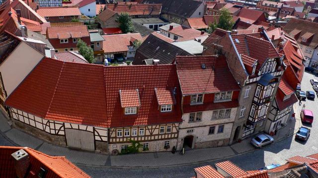 Mühlhausen, Thüringen - Blick vom Rabenturm auf die Fachwerkhäuser der Strasse 'Am Frauentor'