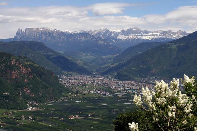 Die Südtiroler Landeshauptstadt Bozen mit Schlern und Rosengarten