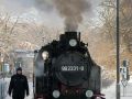 Die Mecklenburgische Bäderbahn Molli im Winter - die Dampflok 99 2331-9 im Bahnhof von Bad Doberan