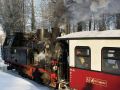 Die Mecklenburgische Bäderbahn Molli im Winter - der Zug mit der Dampflok 99 2331-9 verlässt den Bahnhof von Bad Doberan
