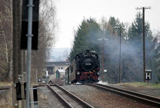 Die Zittau-Oybin-Jonsdorfer-Eisenbahn, der Dampfzug mit der 99 758 beim Anstieg ins Zittauer Gebirge.vor Olbersdorf