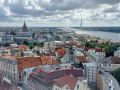 Riga von oben, der Ausblick vom Turm der Petrikirche Richtung Süden zum Zentralmarkt, der Moskauer Vorstadt und dem Rigaer Fernsehturm 